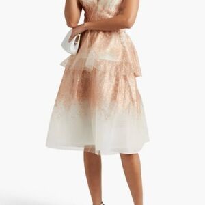 MARCHESA NOTTE Strapless tiered glittered tulle midi dress